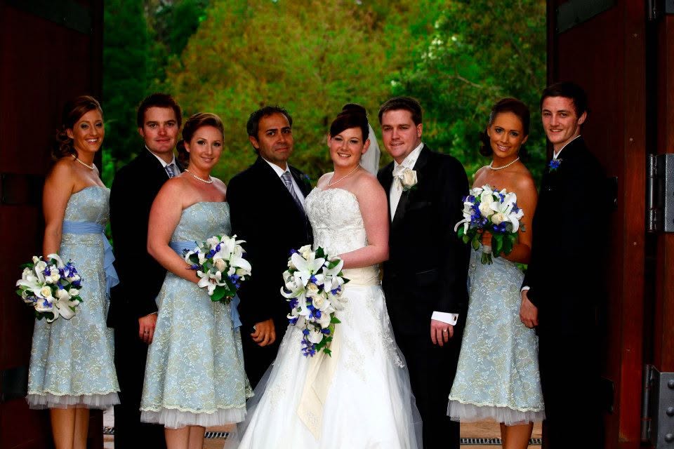 Bridal party in blue dresses