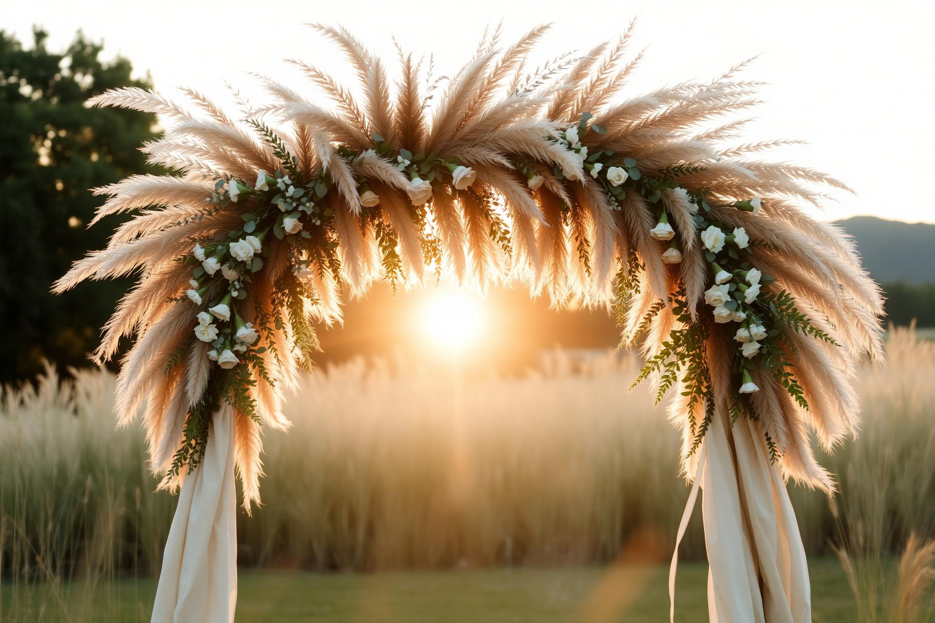 Pampas grass wedding arch at golden hour
